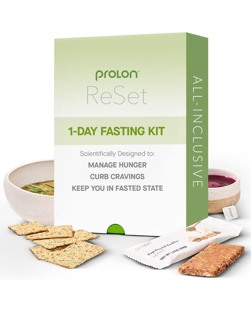 Prolon 1- Day Reset Zestaw postu 124; Szybki z jedzeniem 124; Obsługuje zdrowe zarządzanie starzeniem się i wagą 124; Low- Calorie, Plant- oparte posiłki i przekąski 124; Opracowany, aby nie złamać swój szybki (1- Day Kit)