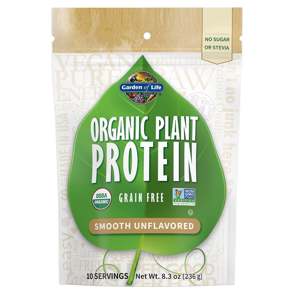 Garden of Life Organic Plant Protein Unflavored Protein Powder with Probiotics & Enzymes – Plant Based Powder, Amino Acids, Non-GMO, Grain-Free, Gluten-Free, Vegan, 10 Servings