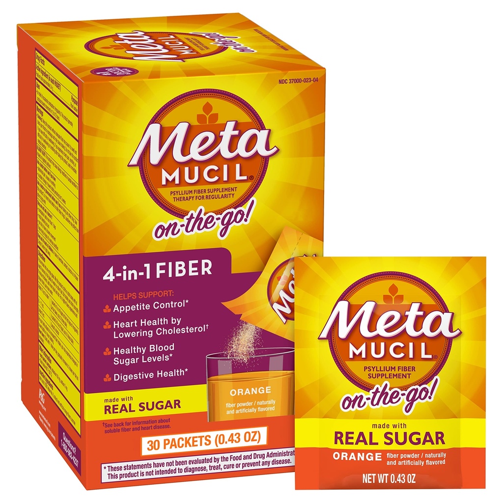 Metamucil On- the-, Codzienne Pyllium Husk Proszek Suplement z prawdziwego cukru, 4-in-1 Włókno dla zdrowia trawiennego, Pomarańczowy Smooth Napoje aromatyczne, 2 opakowanie x 30 liczba = 60 Opakowania ogółem