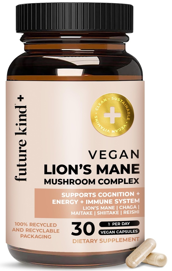Future Kind Vegan Lion 's Mushroom Complex - Suplement mózgu z Chaga, Maitake, Shiitake, & Reishi, Wspomaga Pamięć i Focus (30ct)
