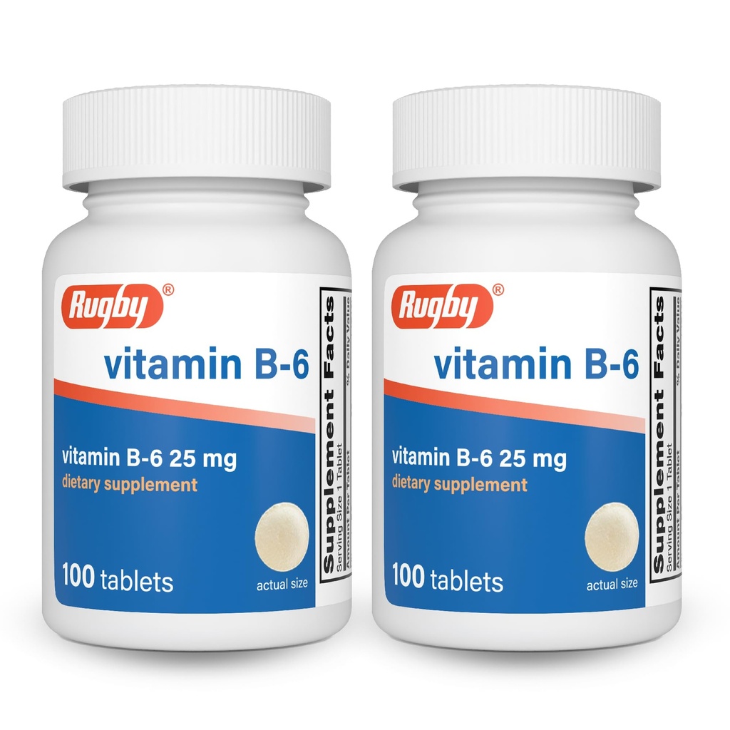 Rugby Witamina B- 6 Tabletki - 25 mg Witaminy B6 - Suplement diety - 100 Liczba (2 opakowania)