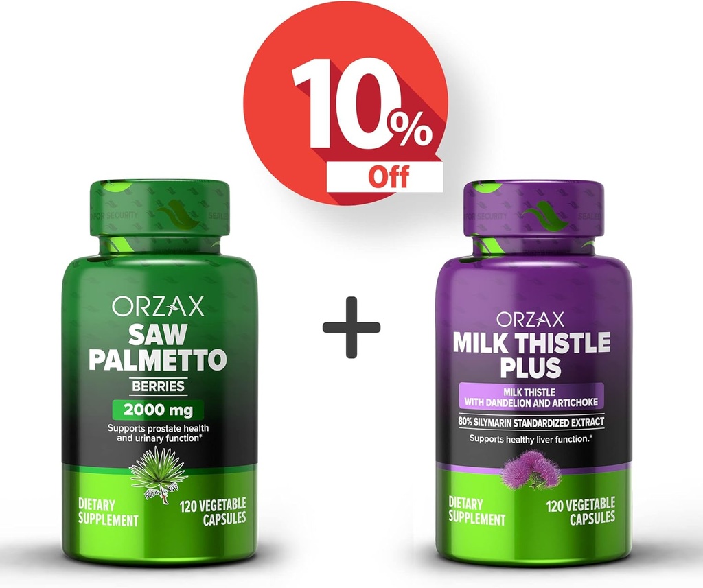 ORZAX Saw Palmetto 2000 mg 120 Kapsułki wegetatywne i Thistle mleka Plus z Dandelion 120 Kapsułki wegetatywne, Bundle