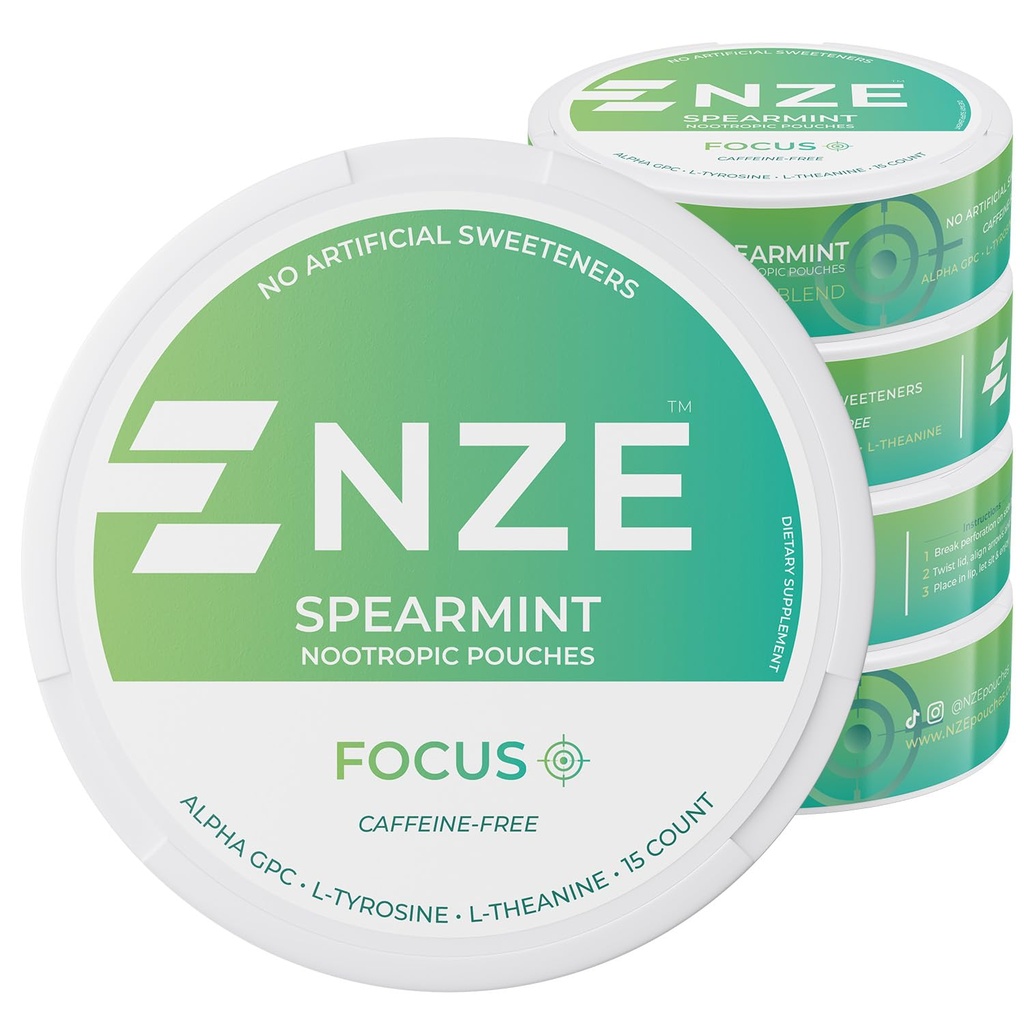 NZE Kofeina Free Nootropic Pouches (Spearmint) - Nootropic Pouches with Alpha GPC, L- Tyrosine & L- Theanine - No Sugar or Fative Sweeteners - 15 Nicotine Free Pouches Per Can - 5 Pack