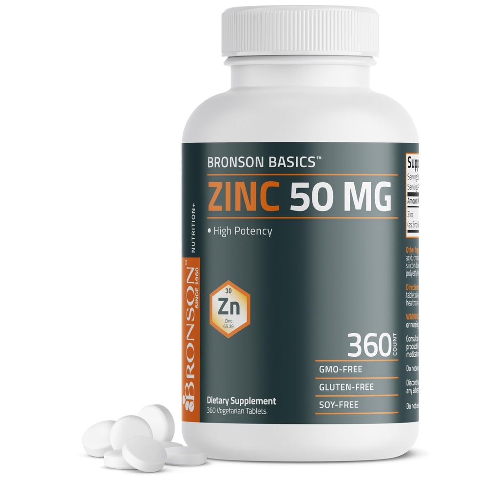 Bronson Zinc 50 MG Wysoka potencja wspiera immunologiczne, przeciwutleniacze i zdrowie skóry - Non-GMO, 360 Tabletki wegetariańskie