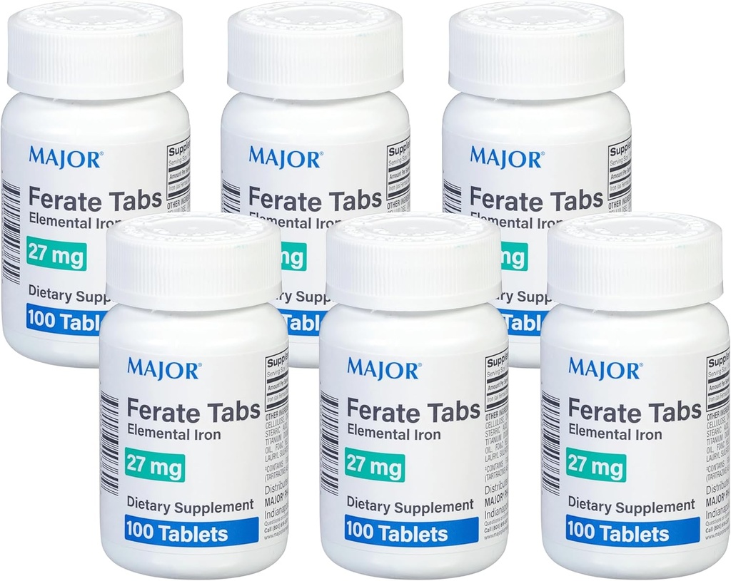 Major 27 mg Parate Tabs - Glukonian żelazny Elemental Iron Dietary Supplement - 100 Count (6 Pack)