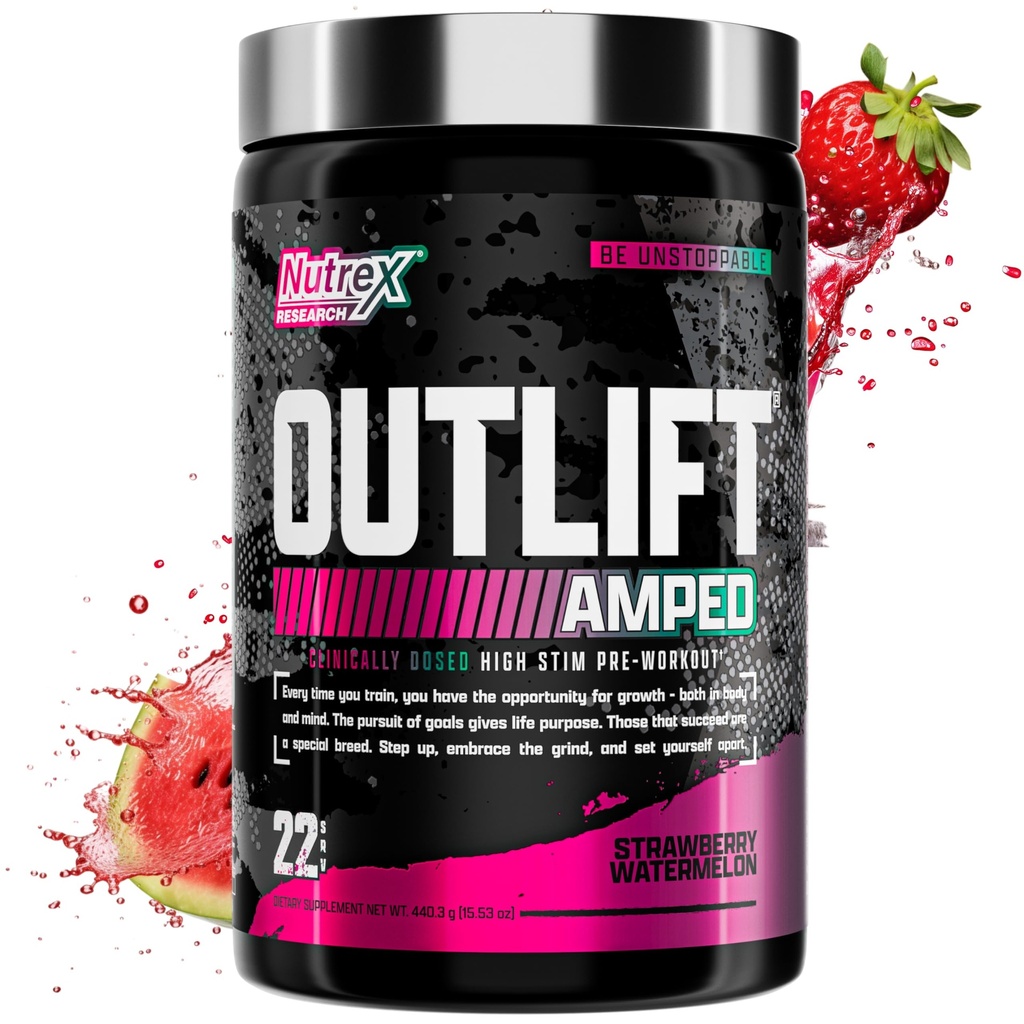 OUTLIFT Ampled Max Dased HIGH STIM Pre Workout Powder 6G Citrulline, 3.2G Beta Alanine, Alpha GPC, CognatiQ, Extreme Energy, Massive Pomps, Electrolytes (Truskawkowy arbuz, 22 Służenie)