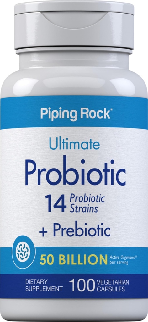 Piping Rock Probiotic i Prebiotyk dla kobiet i mężczyzn 124; 50 Miliard CFU 124; 100 Kapsułki 124; Ultimate 14 Suplement szczeliny 124; Wegetarianin, Non-GMO, Gluten Free