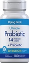 Piping Rock Probiotic i Prebiotyk dla kobiet i mężczyzn 124; 50 Miliard CFU 124; 100 Kapsułki 124; Ultimate 14 Suplement szczeliny 124; Wegetarianin, Non-GMO, Gluten Free