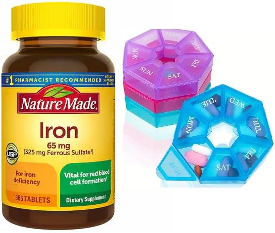 Nature Made Iron 65 mg (325 mg siarczanu żelaza) Tabletki, Suplement diety do wsparcia czerwonych krwinek, 365 Tabletki, 365 Day Supply Bunde z Cotygodniowym Pill Organizator
