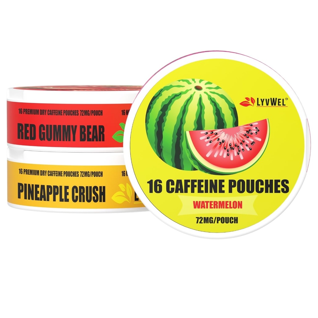 LyvWel 72mg Kofeina Pouches - Arbuz, Czerwony Gummy Bear, Ananas Crush - Juicy Clean Energy with guarana - 3- Pack (48 Razem Pouches)