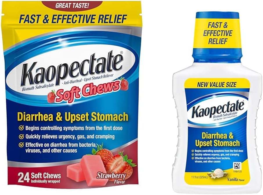 Kaopectate Anti- Diarrhery Miękkie Chews 24 Count and Upset Stomach Relief Liquid 11 Fl Oz