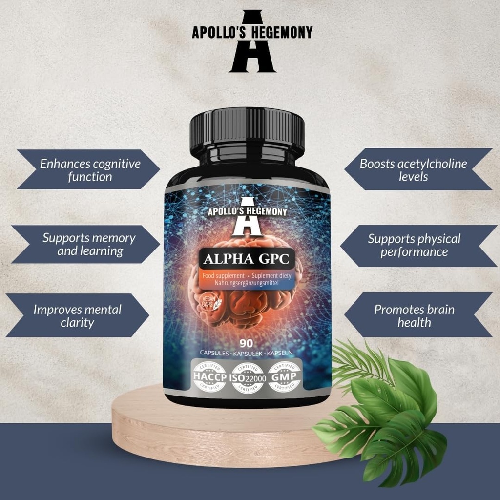 APOLLO 'S HEGEMONY Alpha- GPC 600mg na dawkę dobową - 90 Kapsułek choliny wegańskiej - 99% Suplement diety alfosceratu choliny - Cholina lipidowa - Kapsułki pamięci i koncentracji