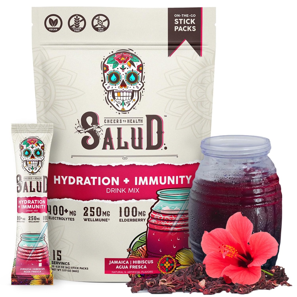 Salud 2- in-1 Pakiety nawadniające + Immunitet Electrolytes Powder, Hibiscus - Jamajka Agua Fresca Drink Mix, Elderberry, Dairy & Soy Free, Non-GMO, Gluten Free, Wegan, Low Calorie, 1g Sugar (15 Servings)