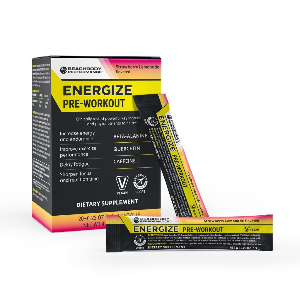 Bodi Energize Prefore Workout Powder - Beta- Alanina, Quercetin & Niskie dawki Formuła kofeiny dla ulepszonej energii i Focus, Zwiększenie energii i suplement Endurance, Lemoniada truskawkowa aromat, 20 Sticks