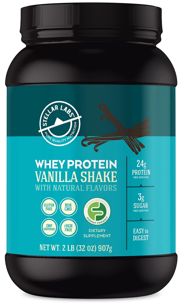 Stellar Labs Proszek z białka serwatki z BCAA & Whey Isolate DIA124; Certified Low FODMAP, Non GMO, Gluten Free, Soy Free, Low Carb, Keto, ze Stevia Nether124; All Natural Lean Post Workout Trzęsienia 124; Vanilla