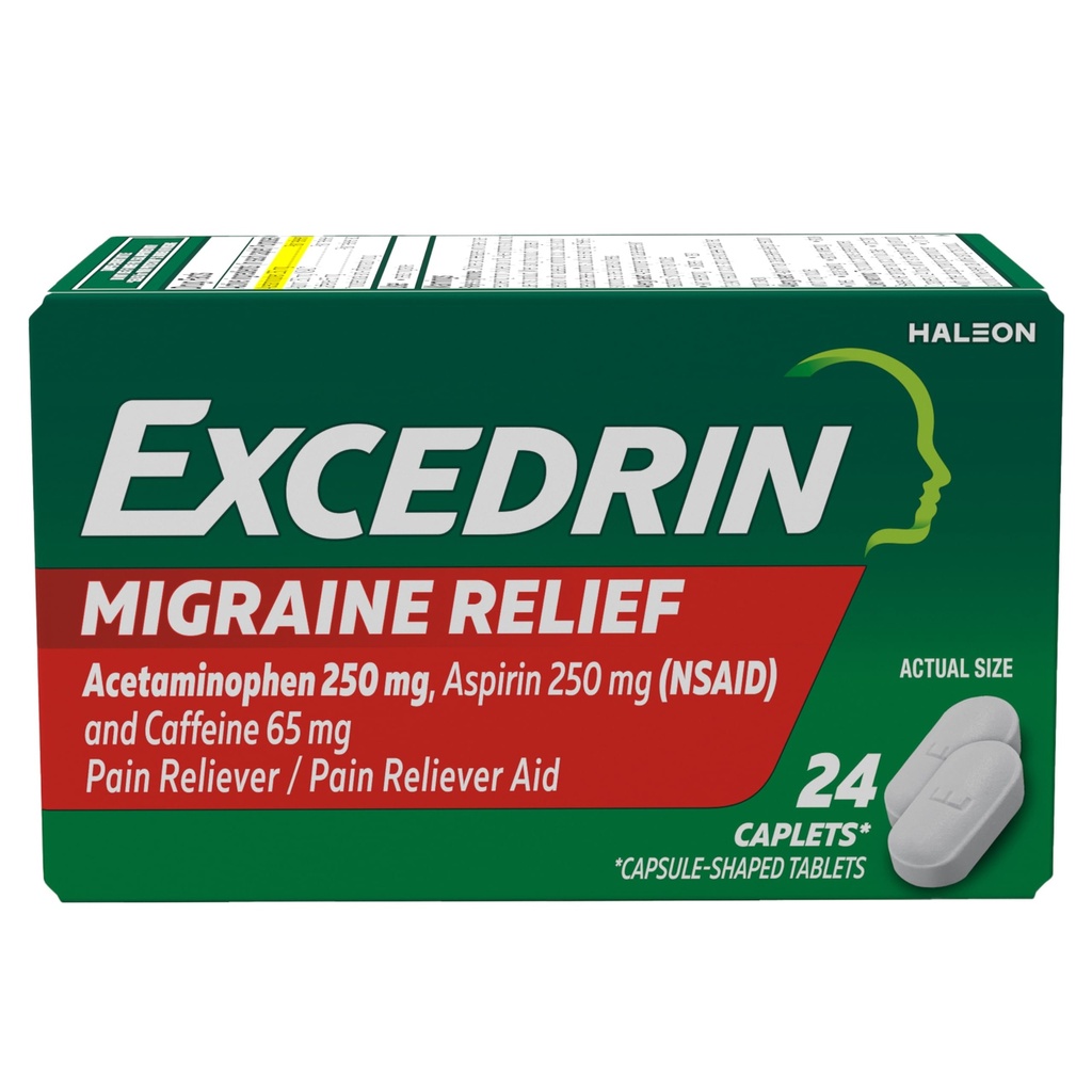 Excedrin Migrena Relief Caplets for Migrena Sympsions, Acetaminofen 250mg, Aspiryna 250mg, Kofeina 65mg, Ból Reliever, 24 Count