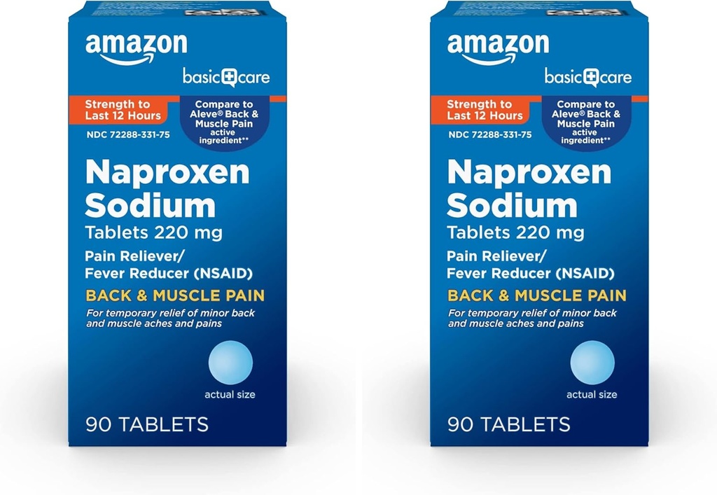 Basic Care Back and Muscle Pain, Naproxen Sodu Tablets 220 mg, Pain Reliever and Fever Reducer, for Backpache, Muscular Aches, Mniejsze zapalenie stawów Ból, Ból głowy i więcej, 90 Count (Opakowanie po 2)