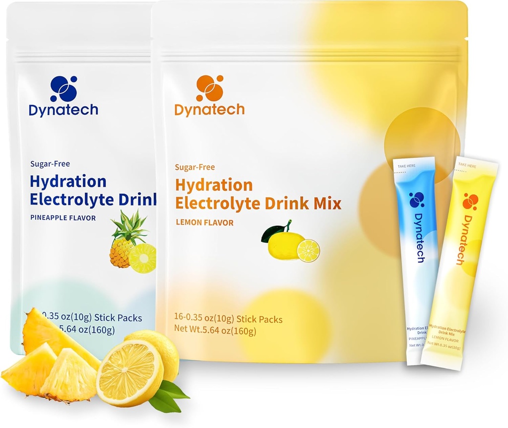 Dynatech Zero Sugar Electrolyte Drink Mix - Lemoniada Ananas - Pakiety proszku nawadniającego z 10 Electrolytes & Vitamins Description 124; Non-GMO, Gluten Free, Wegan Electrolytes w proszku Pakiety