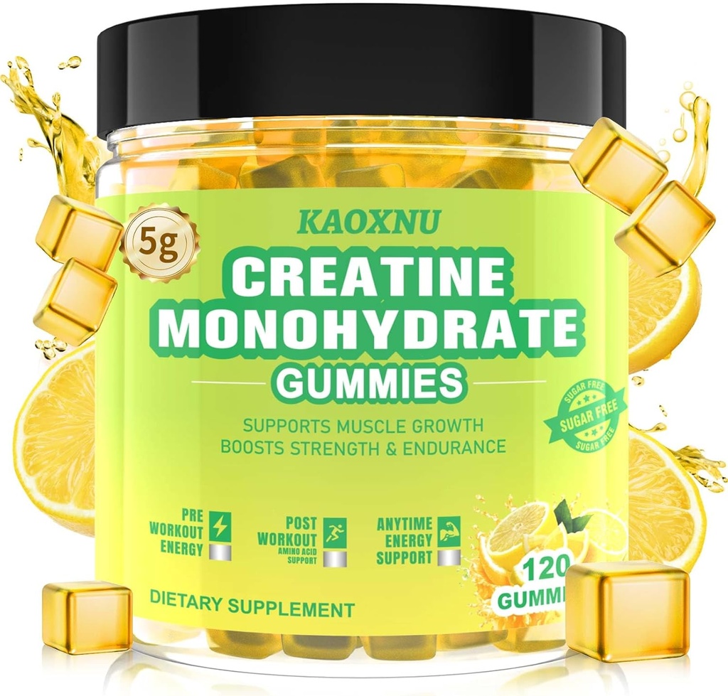 Jednowodzian kreatora Gummie 5600mg dla mężczyzn i kobiet, 120 CT Gummie do rozgryzania i żucia dla wsparcia mięśni, Energy Boost, 5,6 g Monohydratu kreatora na serwowanie - Bez cukru, Wegan (Lemon Flavor)