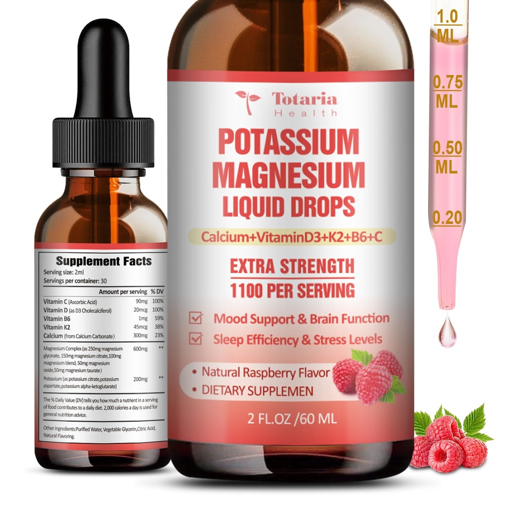 Suplement potasu Magnezu Krople płynne - Wysoka absorpcja Suplement potasu z magnezu, Wapń, Witamina D3 K2, Wegan, Non-GMO Potasio Wsparcie Kurcze nóg, Kości, Mięśnie - 2 Fl oz