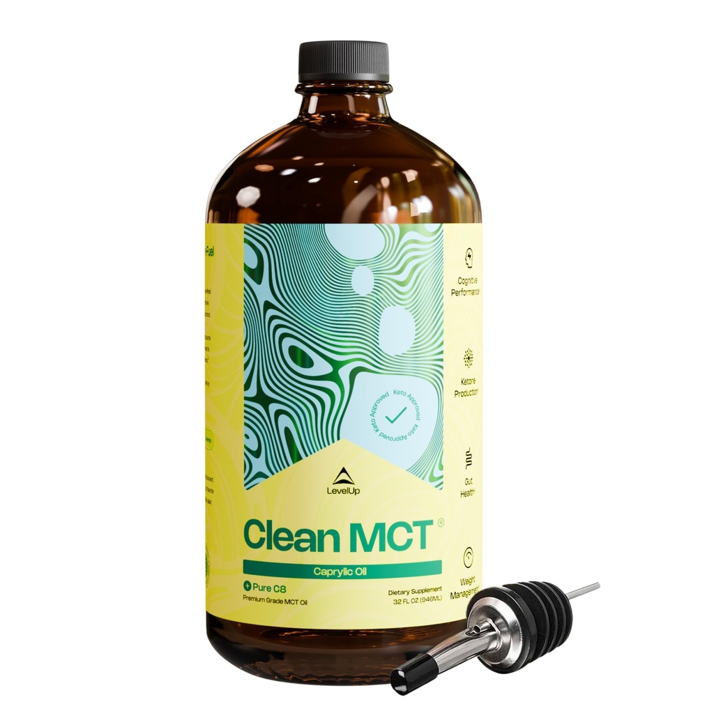 LevelUp Clean MCT Olej - 100% Captile C8 for Energy, Focus, Gut Health, Brain Superfuel - Keto Supplement for Ketogenic Coffee and Ketones - Non-GMO (32 oz szklanej butelce)