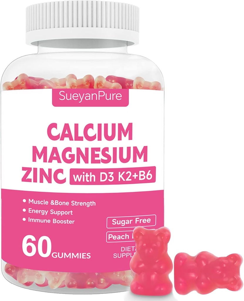 Bezcukrowe Gummeje wapnia Magnezu Cynk z Gummejami VC D3 & B6 & K2,600mg Gummeje wapnia z 300 mg Magnezu Wsparcie kości i mięśni dla dorosłych i młodzieży (60 Count (Pack of 1))