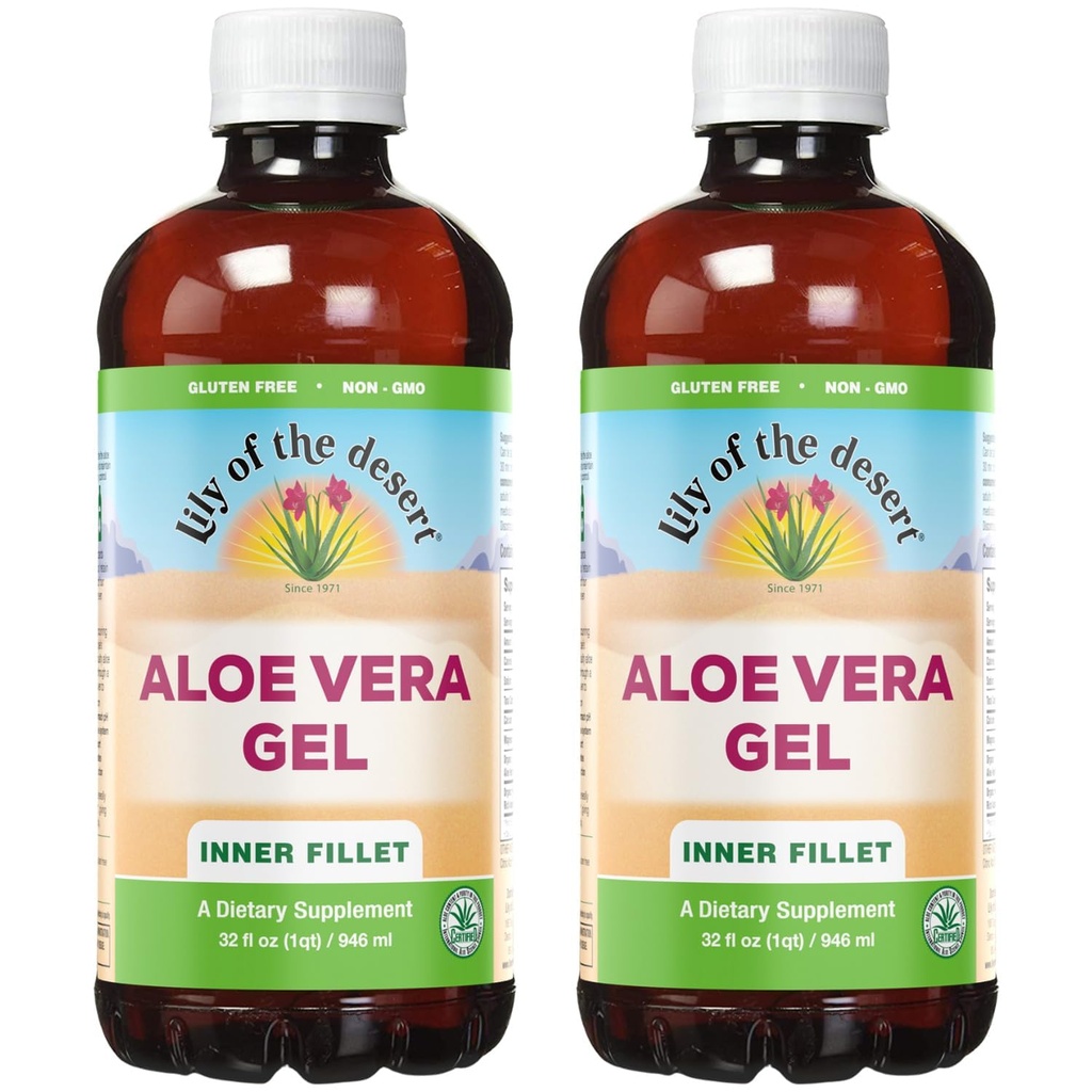 Lily of The Desert Aloe Vera Gel - Wewnętrzna konsystencja filetowa Aloe Vera Drink z naturalnymi witaminami, Digestive Enzymes for Gut Health, Stomach Relief, Wellness, Gloving Skin, 32 Oz (Opakowanie 2)