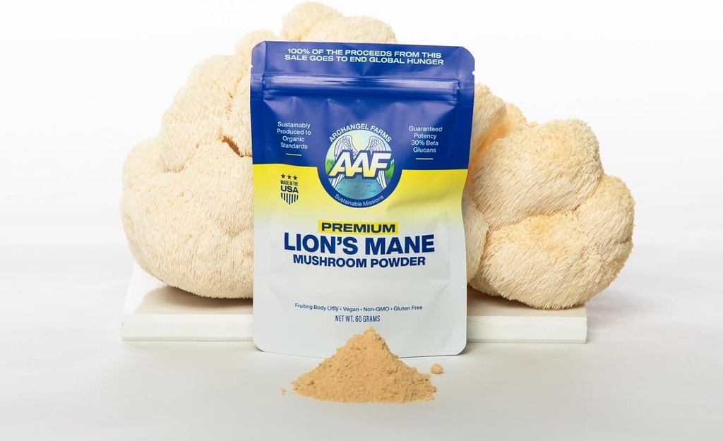 Lion 's Mane Mushroom Proszek, Suplement mózgu dla pamięci i ostrości, Zweryfikowane Beta- Glukan, Przeżywanie i suplement wsparcia immunologicznego, Organic & Non-GMO, 60g, 60- Day Supply