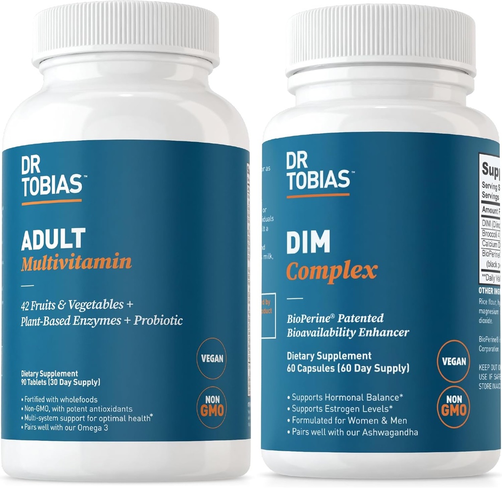Dr. Tobias Adult Multivitamin & DIM Complex, Wspiera energię, immunologiczne i hormony równowagi dla mężczyzn i kobiet z 42 Owoce i warzywa, BioPerine, ekstrakt brokuły & Wapnia, Non-GMO