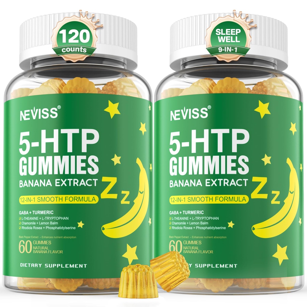 5- HTP Gummies + GABA - Melatonina Free - Relaxation Gummies with Banana Extract, L- Theanine, L- Tryptofan, Witamina D3 dla zdrowego cyklu odpoczynku & Rytm Circadian, Funkcje mózgu i Relax mięśni, Opakowanie 2
