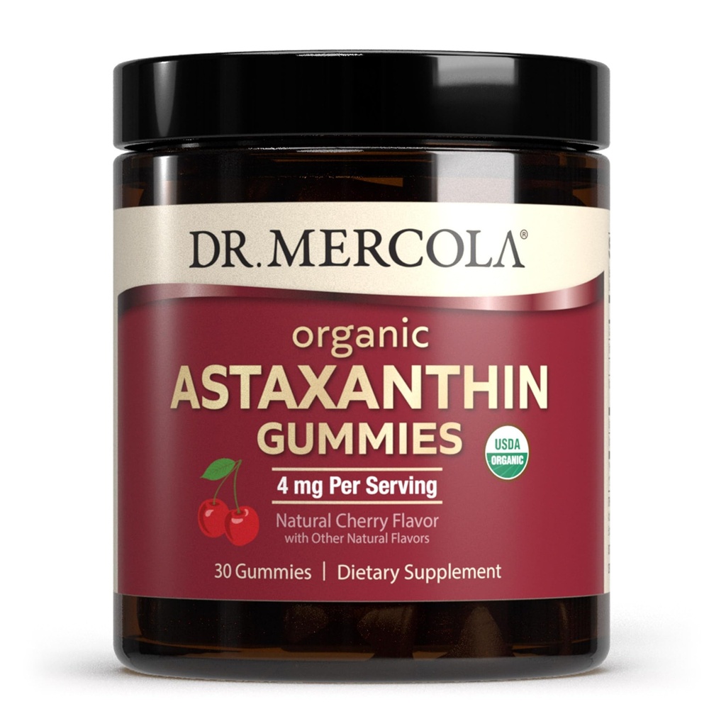 Dr Mercola Organic Astaxanthin Gummies, 30 Służenia (30 Gummies), 4 mg na Podawanie, Suplement diety, Przeciwutleniacz i wsparcie immunologiczne, Certyfikowany Organiczny, Non-GMO