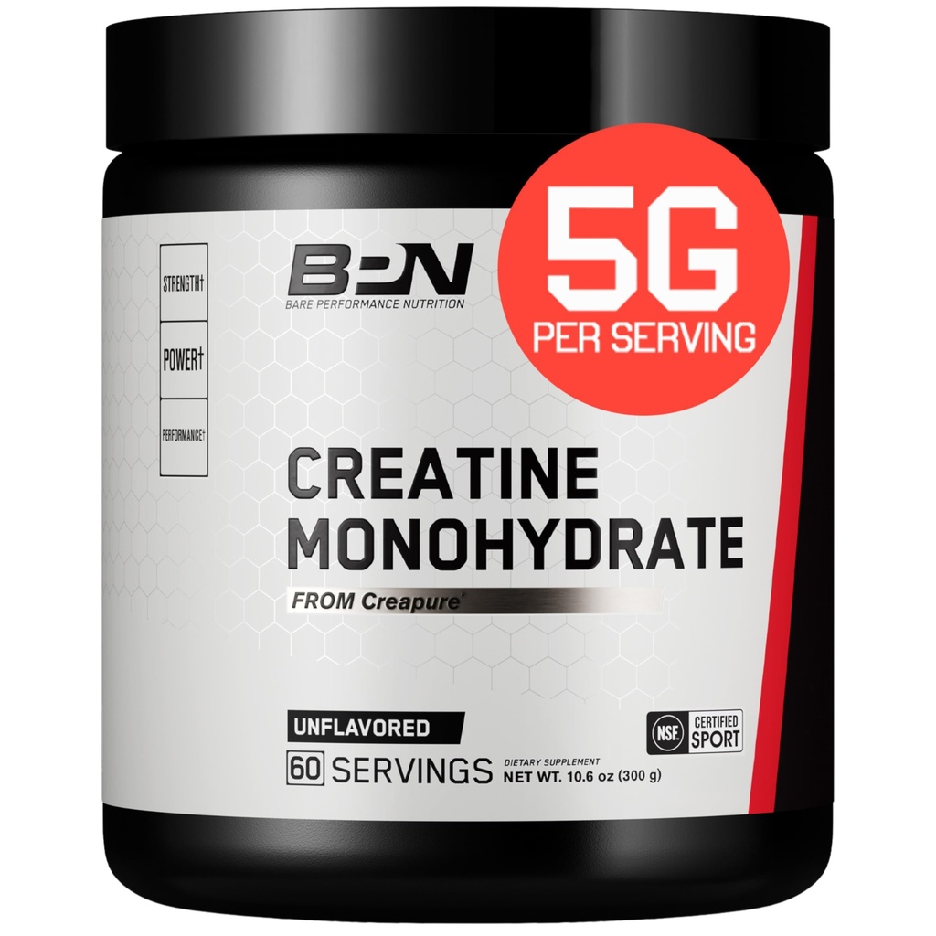 NALEŻY WYMAGAĆ BARE, BPN Pure Creastine Monohydrat w proszku przez Creapure, 5g Kreatyny na serwowanie, Wspiera wzrost mięśni, nieflaworyczny proszek do kreacji, 60 Służenie