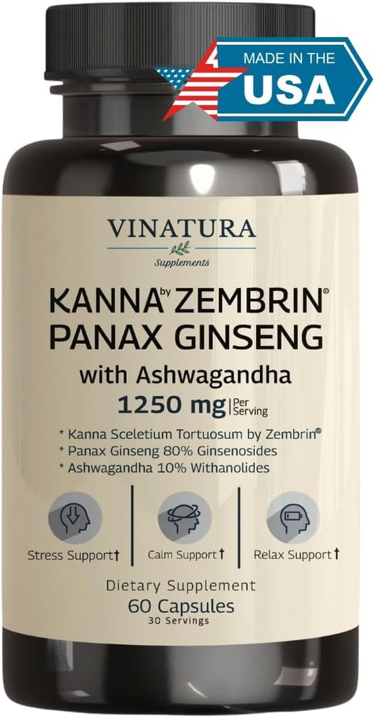 VINATURA Kanna Zembrin Sceletium Tortuosum - 50mg Kanna / Serving, with Ashwagandha, Ginseng * Brain Health, Stress Relief Support * Panax Ginseng 80% Ginsenosides Ashwagandha Capsules 10% Withanolides