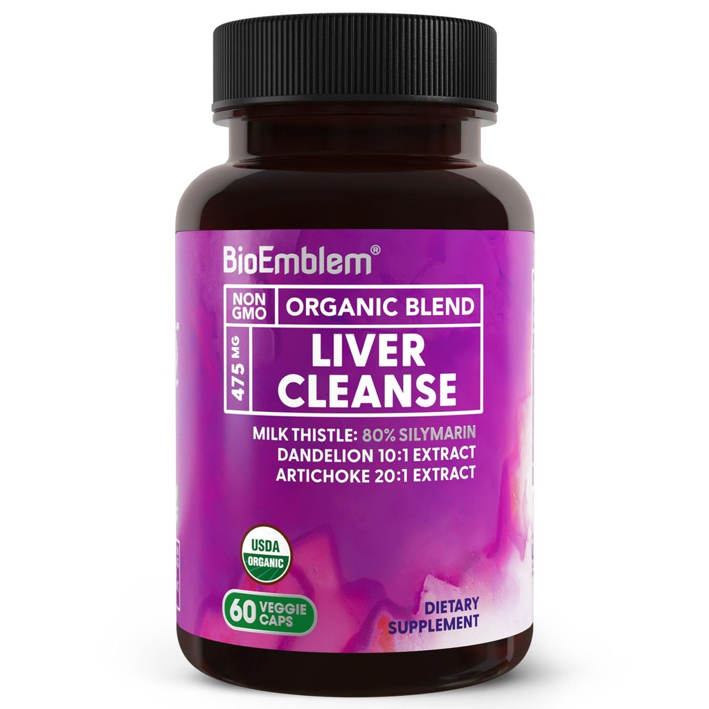 BioEmblem USDA Organic Liver Cleanse - 80% Silimarin Milk Thistle Extract for Liver Health and Liver Function with Dandelion & Artichock Extracts - 100% Vegan, Non-GMO - Herbal Liver - 60 kapsułki