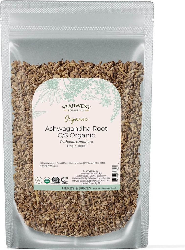 Starwest Botanicals Organic Ashwagandha Root for Women & Men - Suszone zioła na herbatę, Kapsułki, & Naturalne mieszanki ziołowe, Cut & Sifted, Certified Kosher, Non-GMO - 4 oz Pouch
