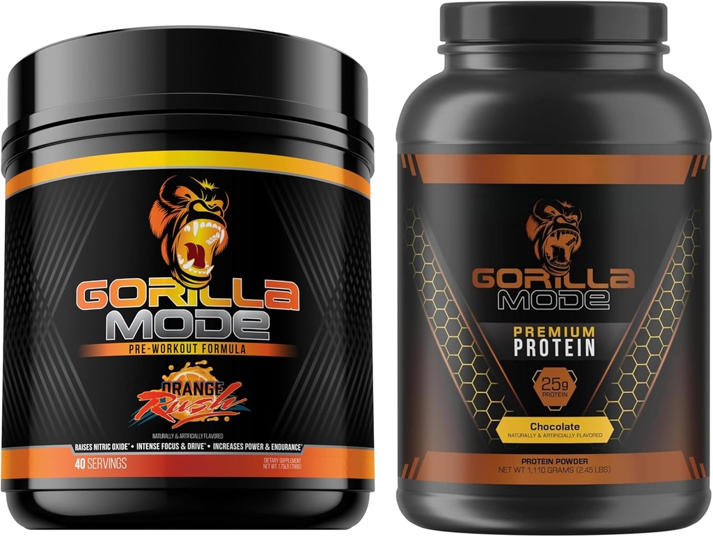 Gorilla Mind pre Workout (Orange Rush) + Premium Protein serwatkowy (Czekolada) - Kompleksowy zestaw do tankowania maksymalnych wyników