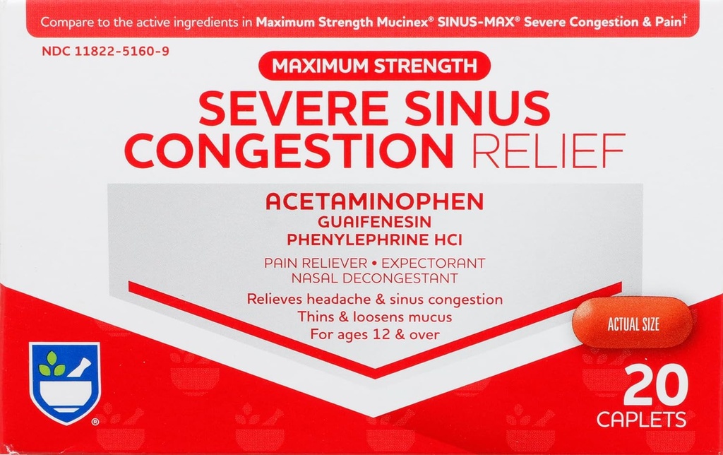 Rite Aid Ciężki Sinus Medicine i Nasal Decongestant, Maksymalna moc - 20 Kaples Relief Sinus 124; Ból Relief 124; Wieloobjawowy Cold i Flu Medicine 124; Ciężki Cold & Sinus Medicine dla dorosłych