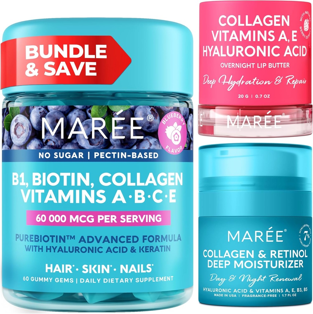 MAREE Bundle - Witamina B1 Gummie Tiaminy, Maska Lip, Moisturizer Face - A, E, D, C Witaminy - Kolagen & Kwas hialuronowy, Retinol- Kompleks do skóry, paznokci, włosów - Maska do suchych warg - krem przeciwstawny