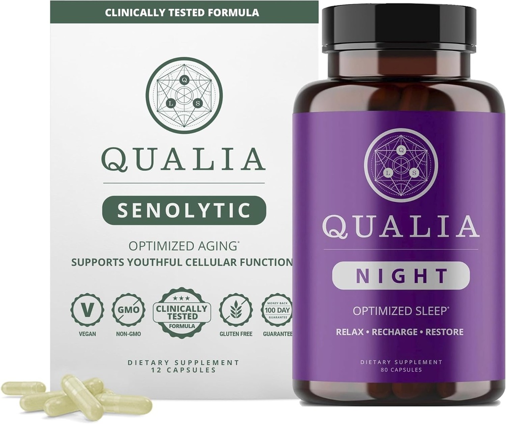 Qualia Life Sciences Bundle Qualia Night & Qualia Senolitic, Science- Backed Supplements for Deep Reforeing Sleep and Optimal Cell Repair