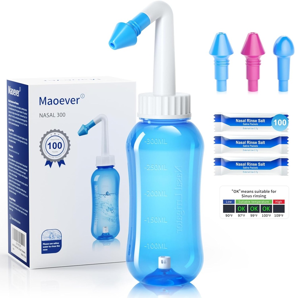 NAUKOWE Neti Pot Sinus Rinse Butelka z 100 Pakiety soli mycia nosa myjnia nosa płukanie Ciśnienie płukania Nasal Nasal Nasal Nassanie dla dorosłych i dzieci BPA Darmowe 300 ML z termometrem naklejka (niebieski)