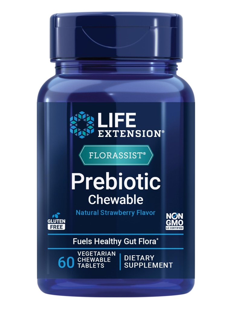 Life Extension FLORASIST ® Prebiotic Chewable (Truskawka), 1000 mg ksylooligosacharydów, suplement prebiotyczny zapewnia paliwo dla Gut Flora, Gluten- Free, Non-GMO, Wegetarianin, 60 tabletek do żucia