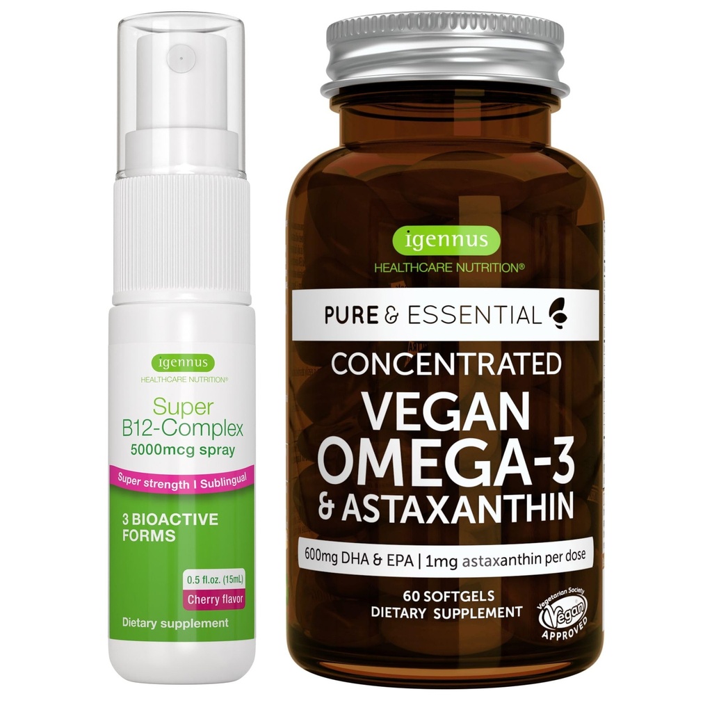 Vegan Omega-3 Algae Oil + Super B12- Complex 5000mcg Wegan Bundle, Wysoka koncentracja DHA & EPA + Wysoka wytrzymałość B12 Cherry Flavor Podjęzykowy spray, przez Igennus