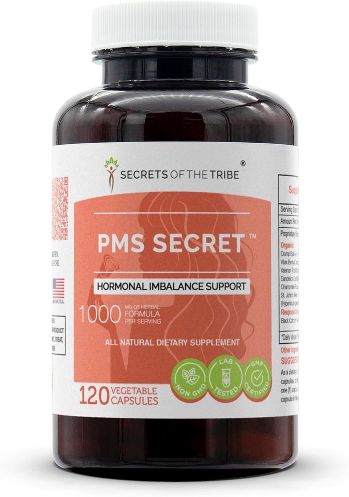 PMS Secret 120 Kapsułki, 1000 mg, Black Cohosh, Cramp, Vitex, Valerian, Dandelion, Rumianek, ziele dziurawca. Hormonalne wsparcie zaburzeń równowagi (120 kapsułek)