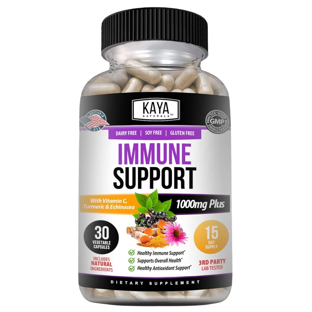 Kaya Naturals Elderberry Immune Support | Vitamins with Zinc and Vitamin C for Adults, Probiotics & Turmeric 1000mg Immune System Booster Sambucus Capsules - 30 Count