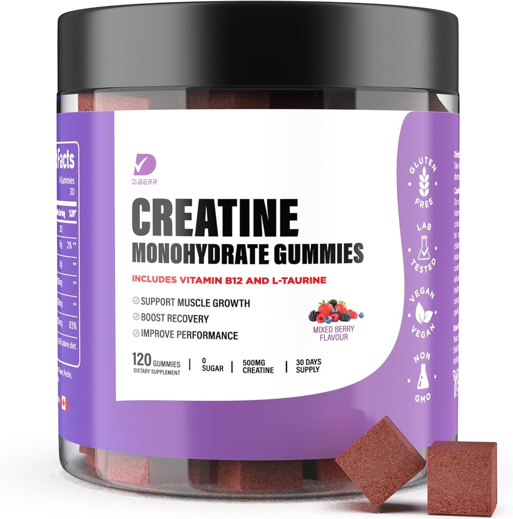 Gumie kreatryczne - Jednowodne Gummie kreatryczne dla mężczyzn i kobiet - 5g Jednowodzian kreatryny na służby- Zwiększ koncentrację, siłę, wytrzymałość - Zbuduj mięśnie, Bez cukru, Wegan, Non-GMO 120 Ct