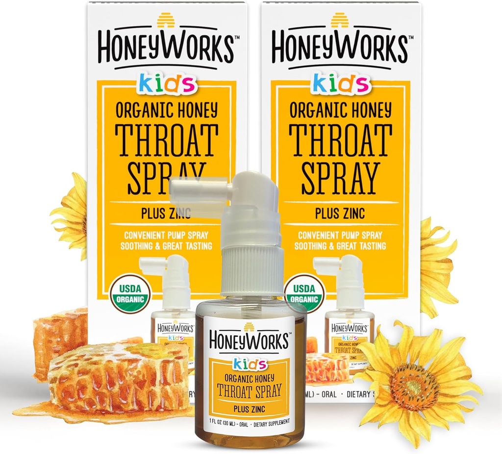 HoneyWorks Kids Throat Spray for Sore Throat Relief, 1 Oz (Pack of 2) Soothing Non-GMO USDA Organic Dark Honey + Cynk, Fast- Acting Relief, 12 Miesiące +