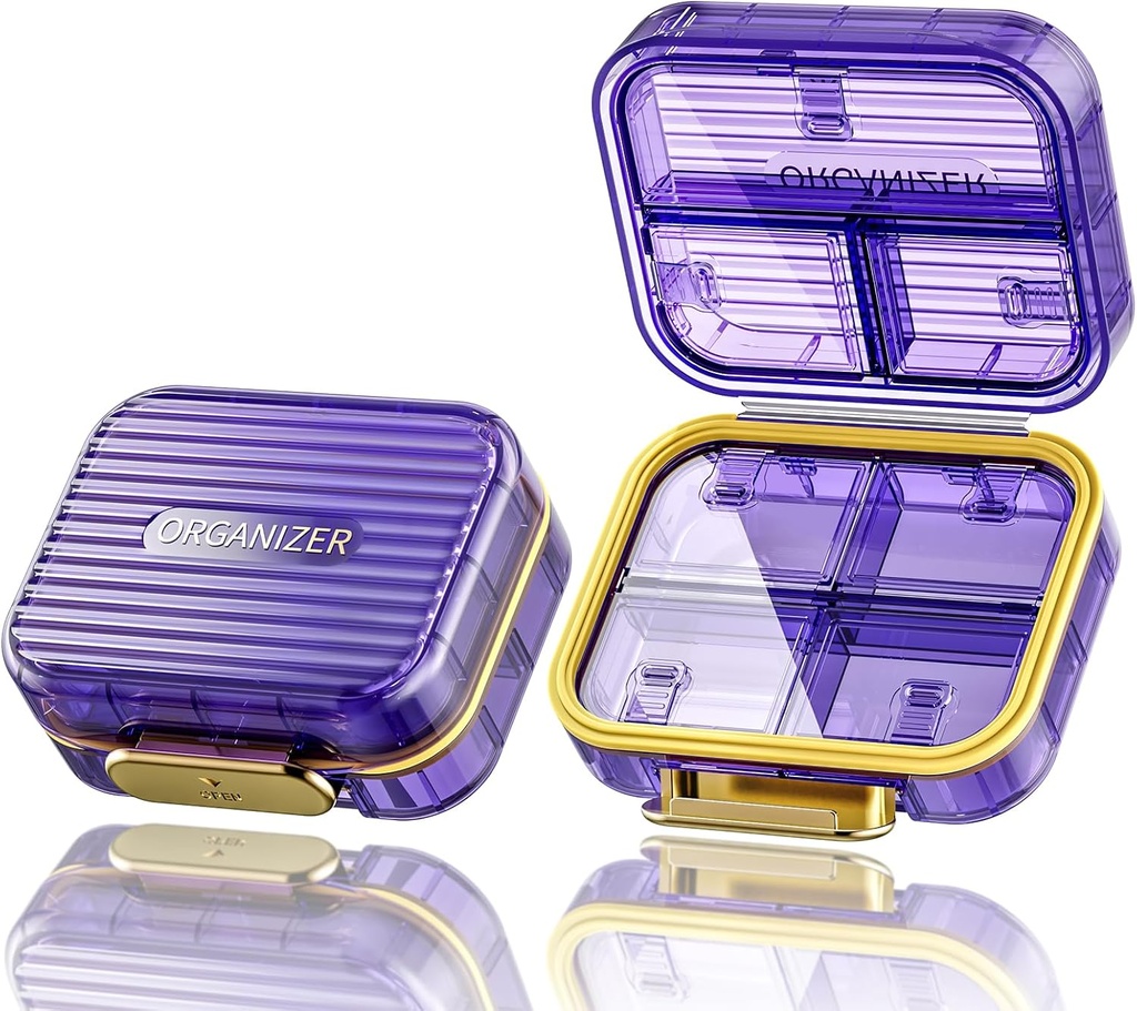 Acedada Małe Pudełko Pill, Travel Pill Organizator, Compact 7- Komora Moistureproof Pill Case for Purse, Chic Daily Pill Container, Medycyna przenośna i witamina Holder dla oleju rybnego i suplementów, Fioletowy