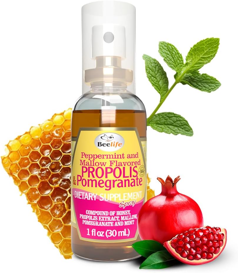 Beelife Propolis Throat Spray - Miód kojący, Mint & Pomegranat - Natural Immune Support & Sore Throat Relief - Przeciwutleniacze, bogaty w flawonoidy i arterabiny C, No Sugar, Gluten- Free, 1 -Pack, 30ml