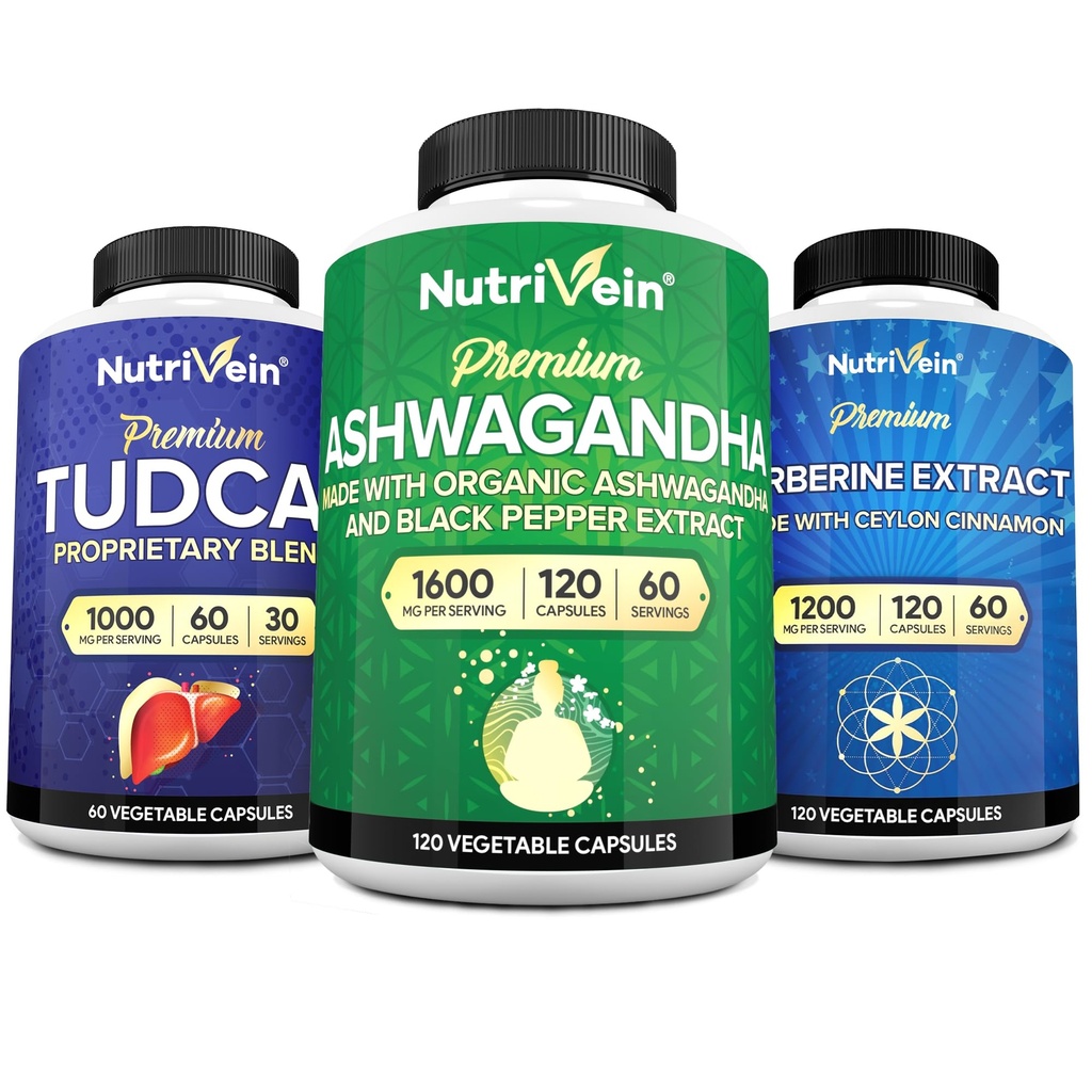 Żywotne żyły Premium TUDCA, suplementy berberyjskie i suplementy Ashwagandha Bundle: Wysokoabsorpcyjne Berberine Complex, Ashwagandha Root Extract, & TUDCA dla Detox, Vitality & Well- Being