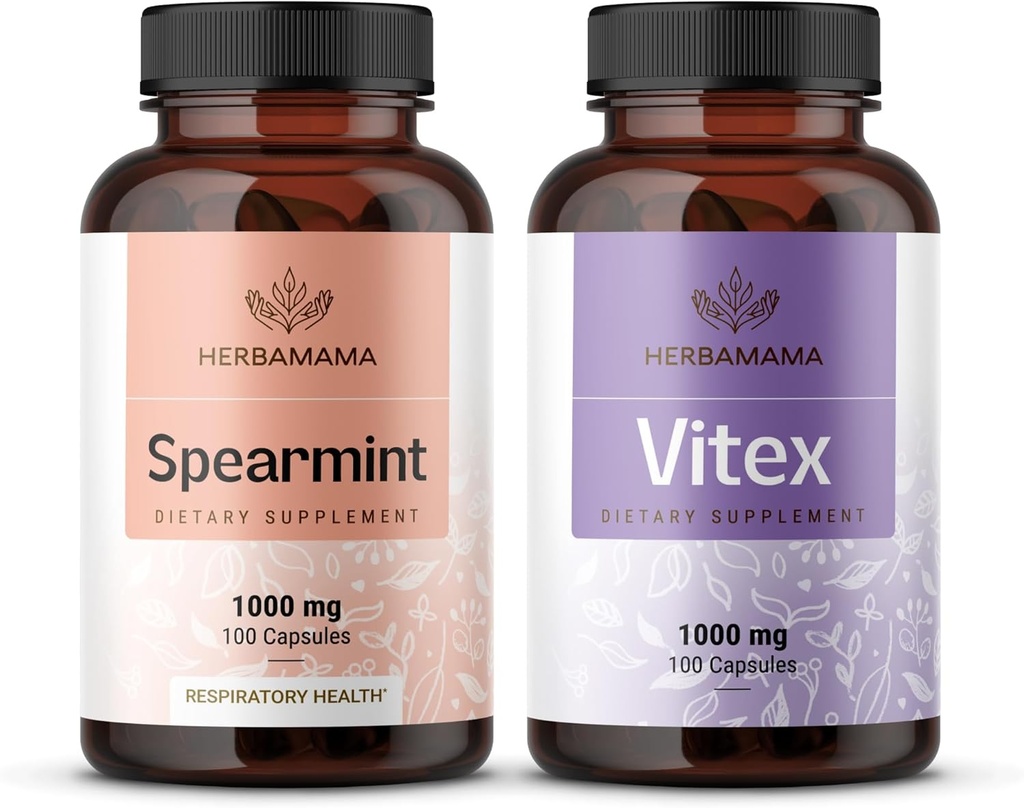 HERBAMAMA Spearmint i Vitex Kit - Zestaw 1000 mg Spearmint Leaf & Vitex Chasteberry Kapsułki - Vegan, Non-GMO, Żelatyna - Wolny od - 2 opakowania